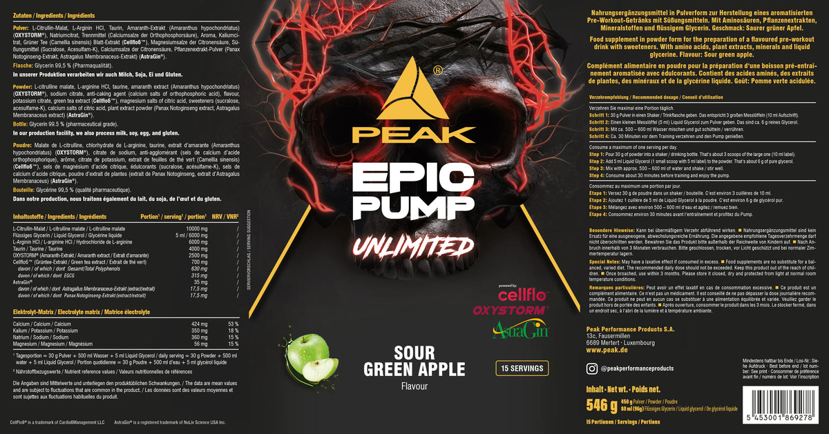Nahrungsergänzung PEAK Epic Pump Unlimited Sour Green Apple, 546 g