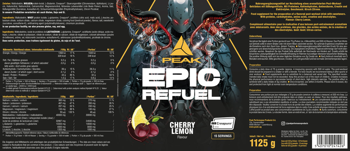 PEAK Epic Refuel Nährstoffdrink, Kirsch-Zitrone, 1125 g Verpackung