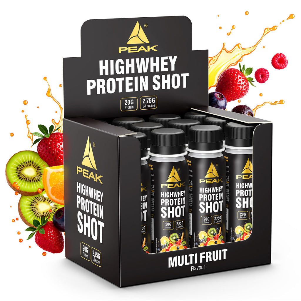 PEAK HIGHWHEY Protein Shot Multifruit 100-ml Fläschchen im Displaykarton mit Etiketten