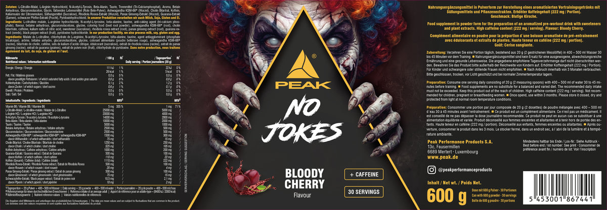 PEAK No Jokes 600 g Bloody Cherry Pulverdose mit Aufdruck und Barcode