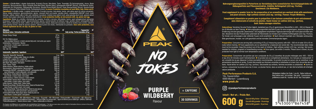 PEAK No Jokes 600 g Purple Wildberry: Snackbeutel mit Frontaufdruck und Barcode