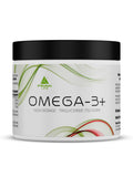 PEAK Omega-3+ Kapselglas mit schwarzem Deckel, Etikett „OMEGA-3+“