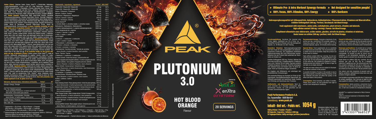 Nahrungsergänzung „PEAK Plutonium 3.0“ Hot Blood Orange, 1054 g