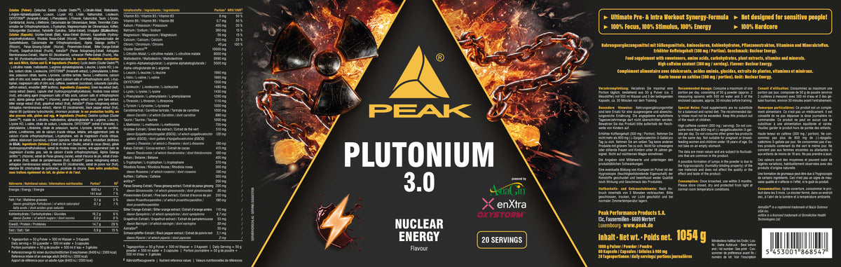 Dreieckige Produktverpackung PEAK Plutonium 3.0 mit orangefarbenem Flammen-Design, 1054 g