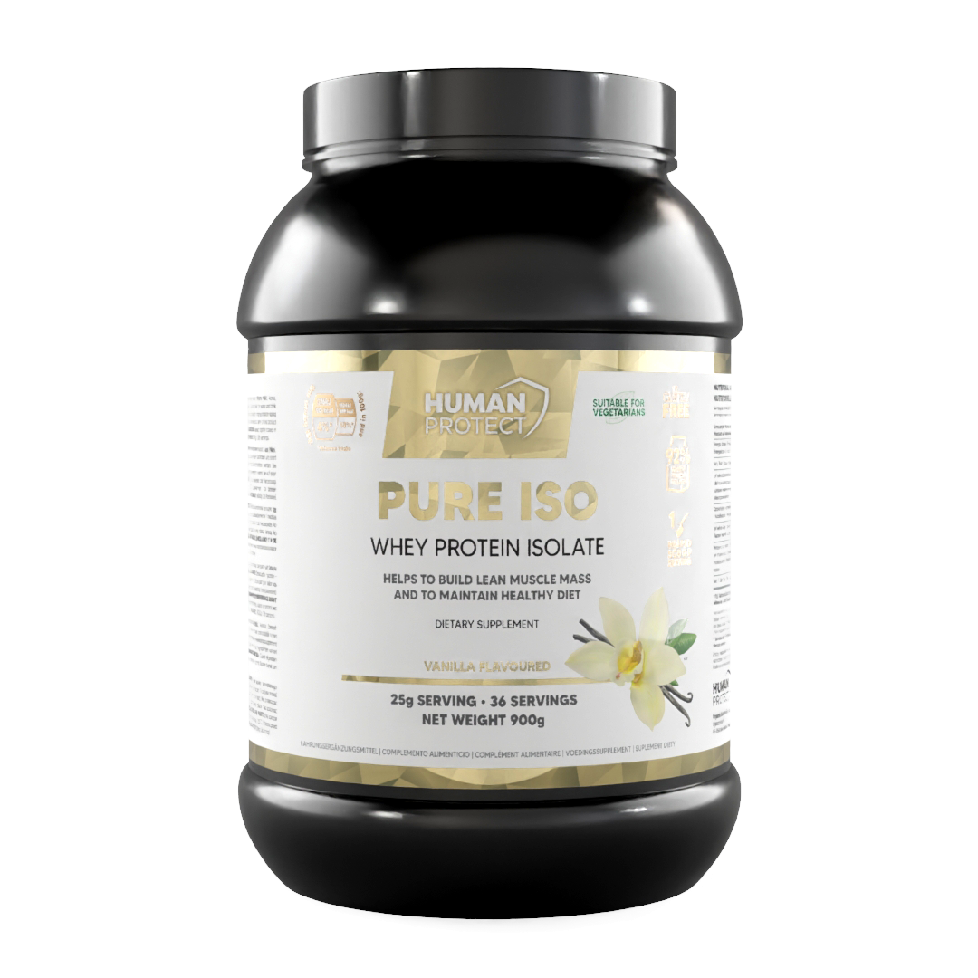 Human Protect Pure ISO Whey Protein Isolat, Vanille-Geschmack, 900 g Dose Vorderseite