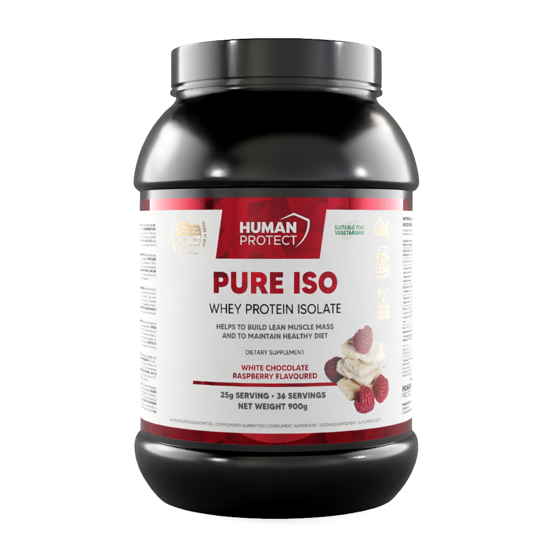 Pure ISO whey protein isolate: white chocolate & raspberry flavour, tub label