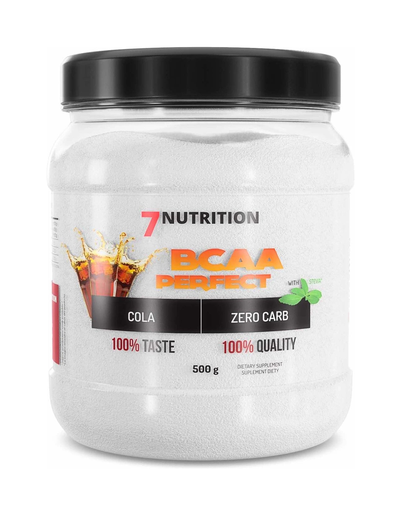 BCAA Perfect Cola Nahrungsergänzung im weißen 500-g-Glas, schwarzer Deckel, Zero Carb