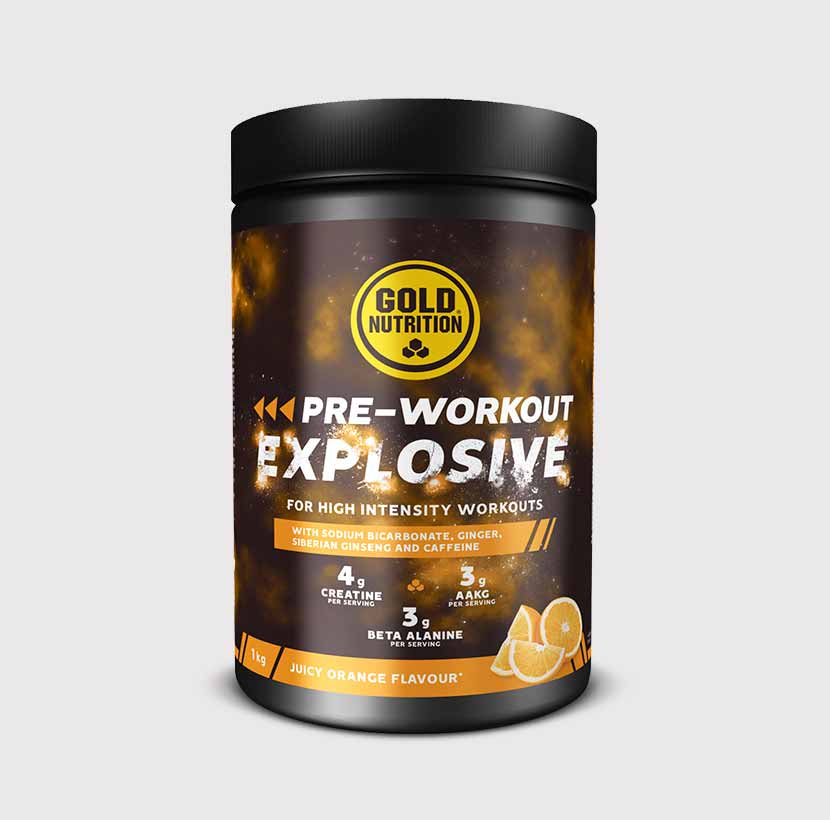 Gold Nutrition pre-workout explosive tub, juicy orange flavour label