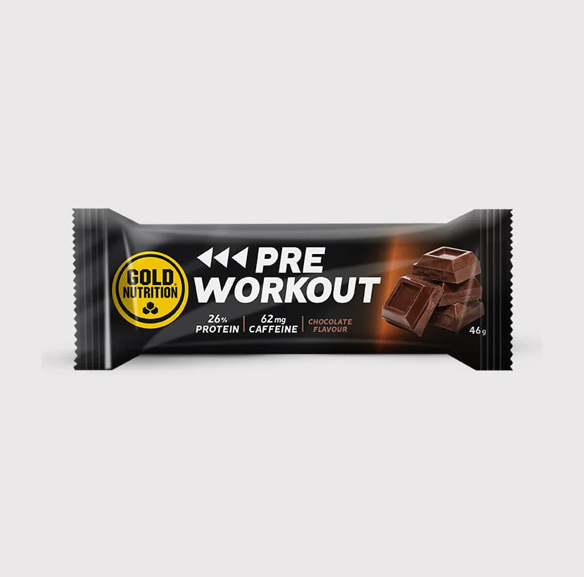 Pre-Workout-Riegel Gold Nutrition im schwarzen Beutel mit Schoko-Angabe