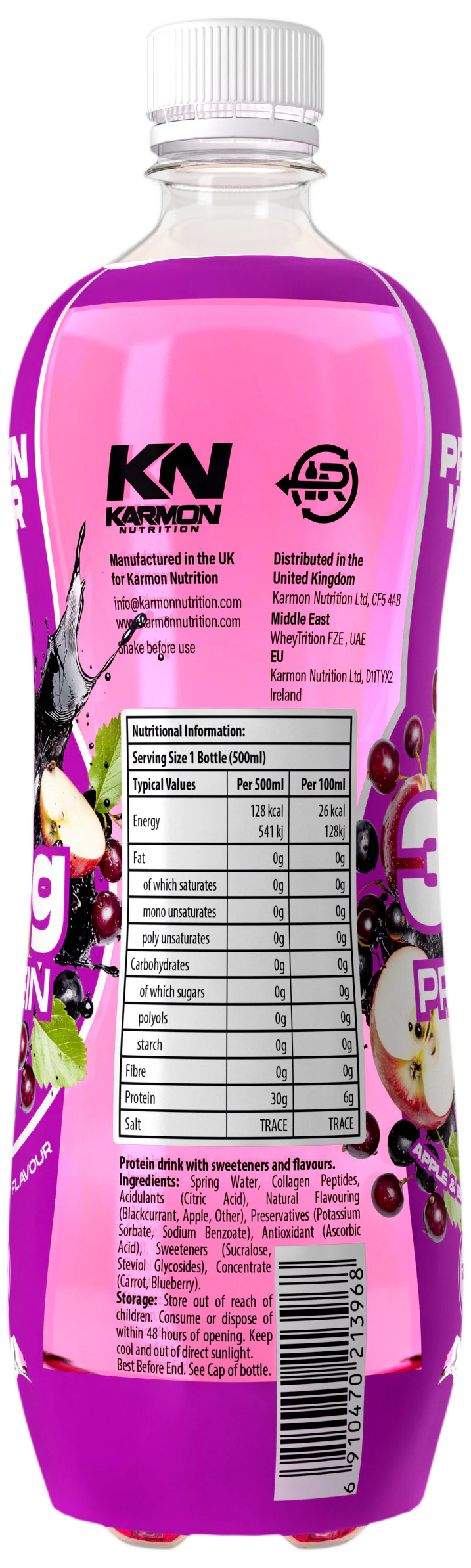 Lila Protein-Drink-Flasche mit Etikett und Nährwerttabelle