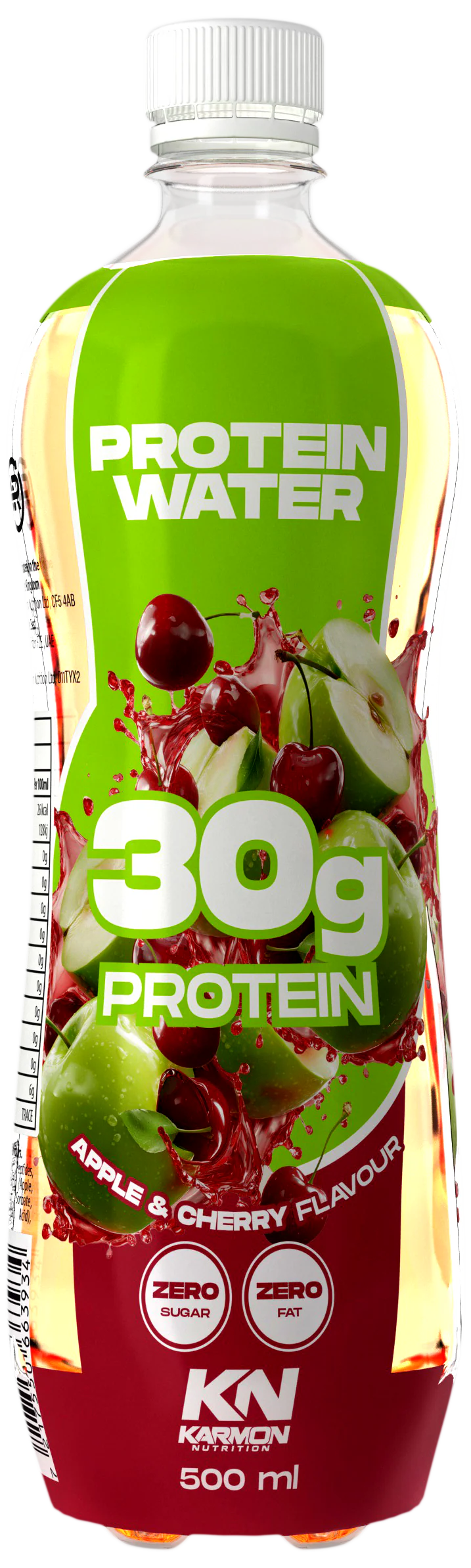 Protein-Drink 500 ml, Flasche grün mit Protein-Water-Aufdruck 30 g, Apfel-Kirsch