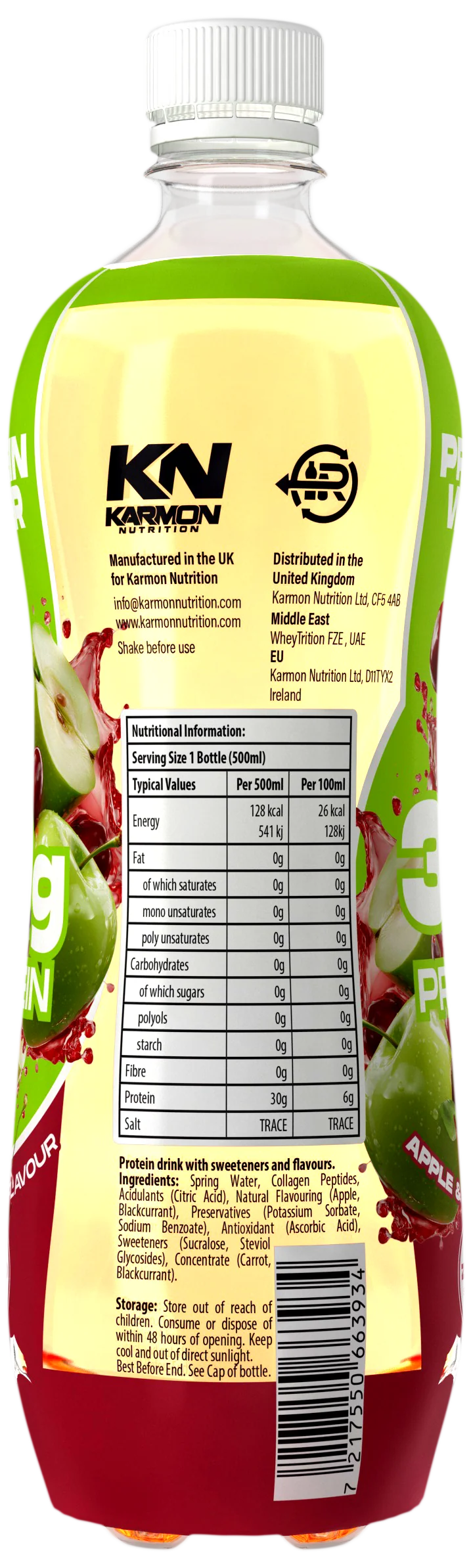 Protein-Drink 500 ml, Flasche grün-gelb mit Apfel-Kirsch-Label und Nährwerttabelle
