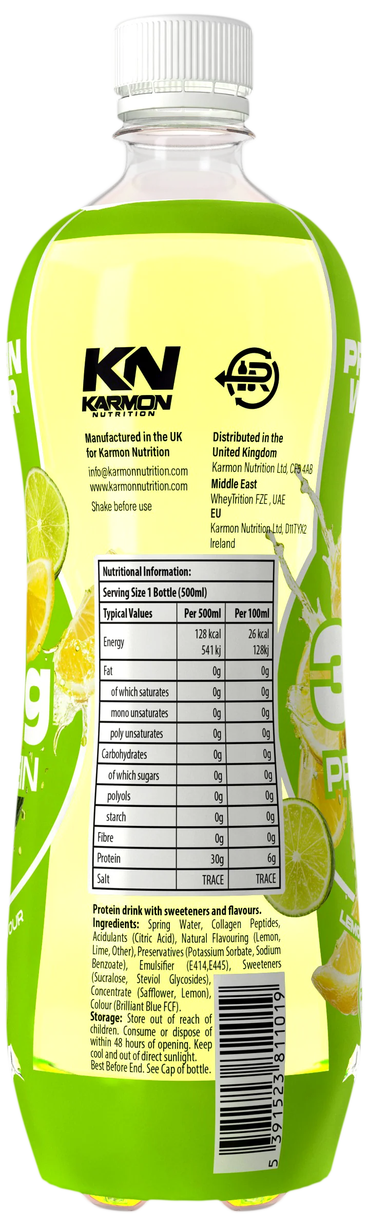 Protein-Isolat-Flasche 500 ml mit Zitronen- & Limettenmotiv, grün-gelb, Etikett