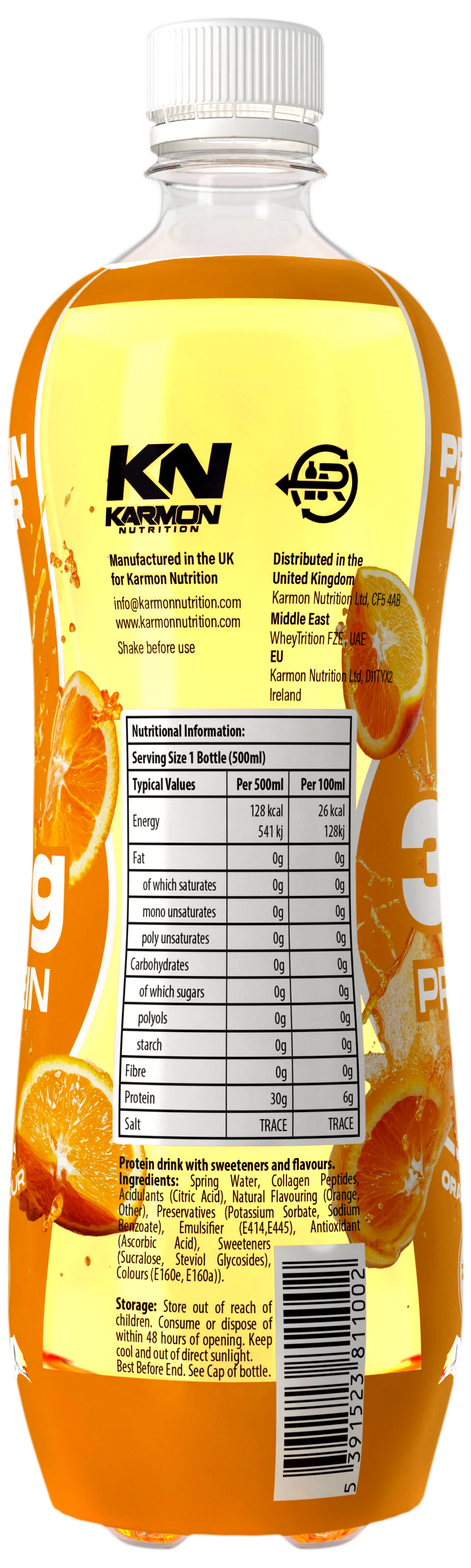 Protein-Isolat 500-ml-Orangendrink in Flasche, Etikett gut sichtbar