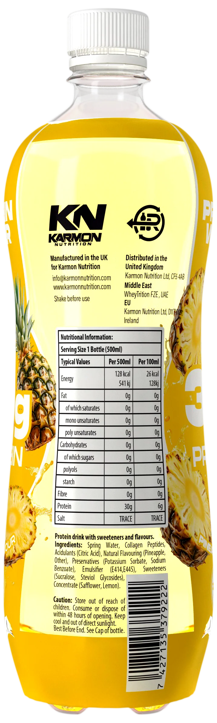 KARMOW-Protein-Getränkflasche, gelb; Rückseitenetikett mit Nährwerttabelle