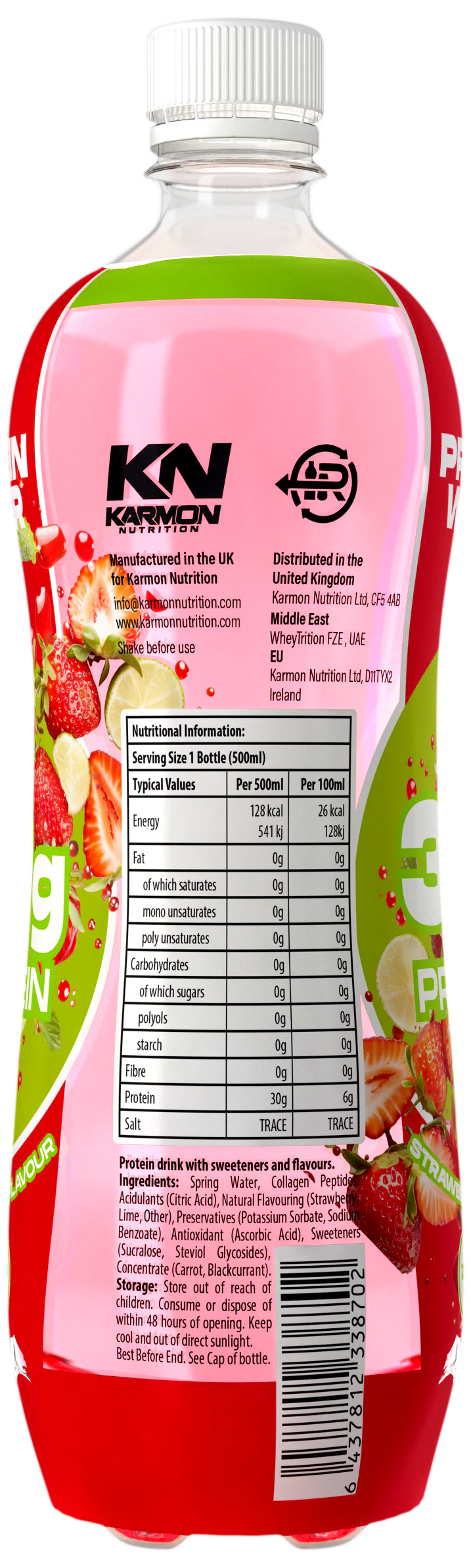 Protein-Isolat-Drink in Flasche, Erdbeer-Limette, Rückseitenetikett mit Nährwerten