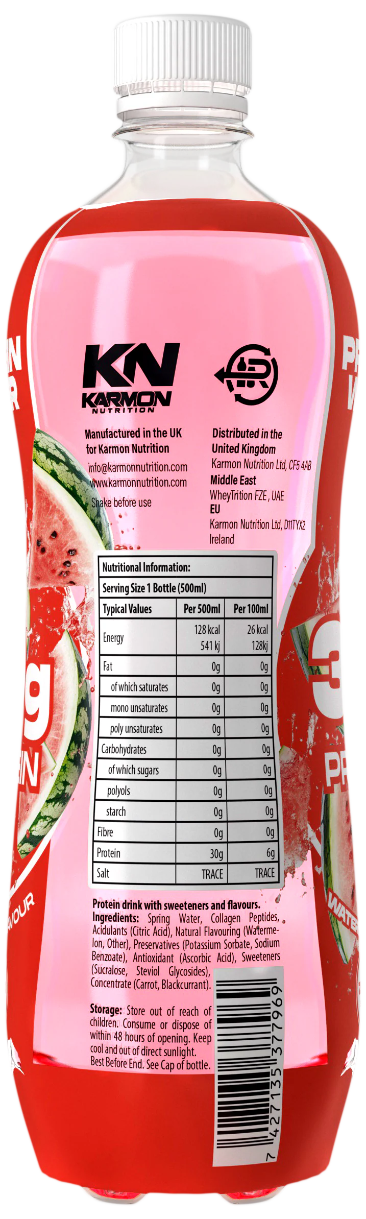 Protein-Isolat-Drink, rote 500-ml-Flasche mit Wassermelonenmotiv und Nährwerttabelle