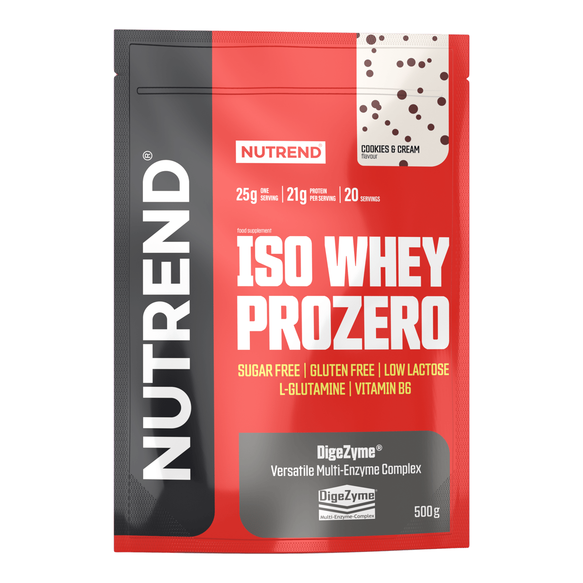 NUTREND Iso Whey Prozero 500g Cookies & Cream protein powder bag, sugar-free