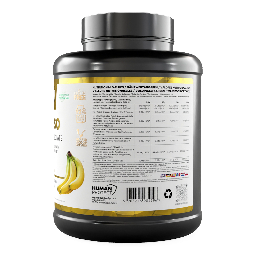 Pure ISO jar back label with nutrition facts, barcode icons, banana flavor