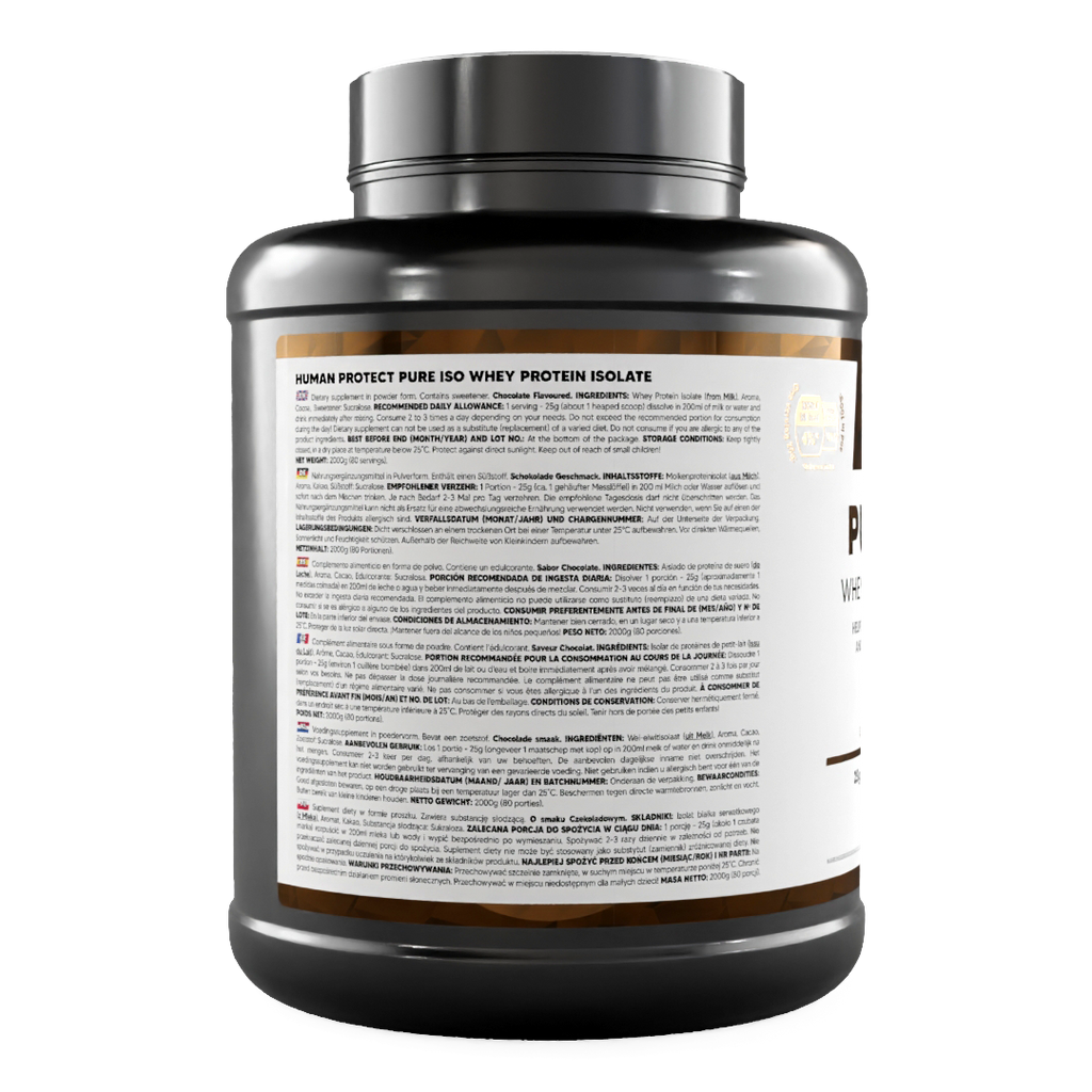 Pure ISO Whey Protein Isolat, Schokolade, 2000 g Dose – Rückseite mit Zutatenangaben