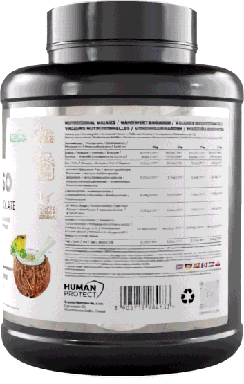 Pure Iso 2000g Malibu container back label with nutrition table and barcode