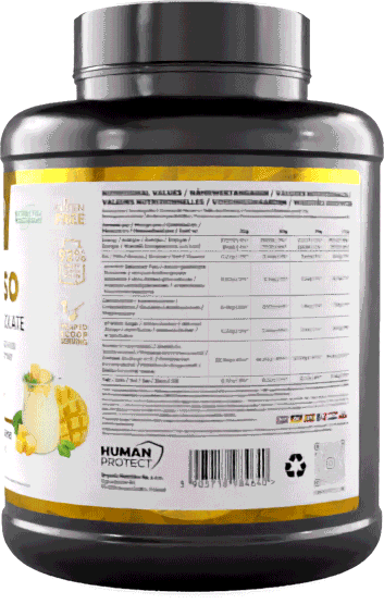 Human Protect Pure ISO whey isolate 2000g mango yoghurt supplement tub, yellow accents