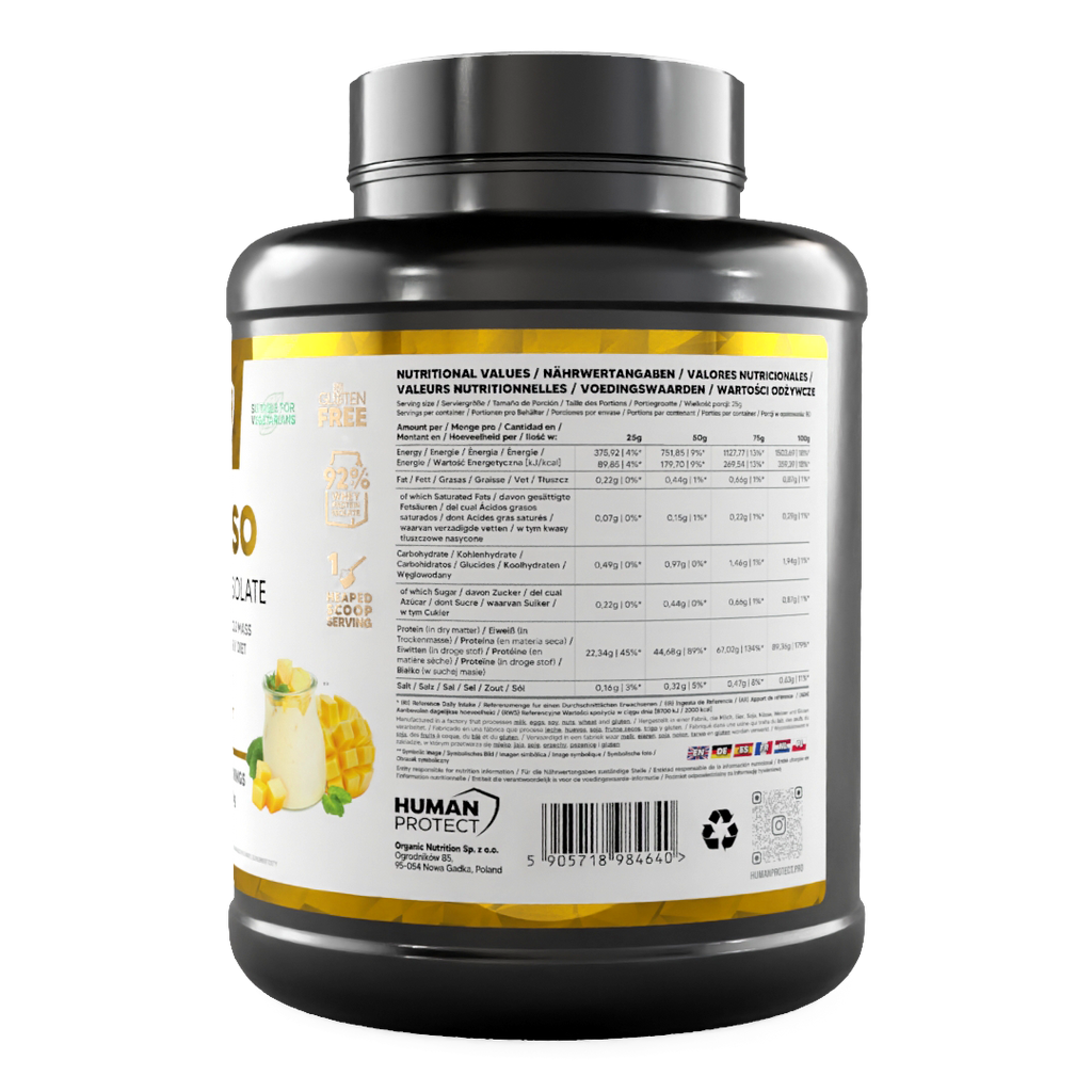 Back label with nutritional values for Pure ISO whey protein isolate, mango yoghurt