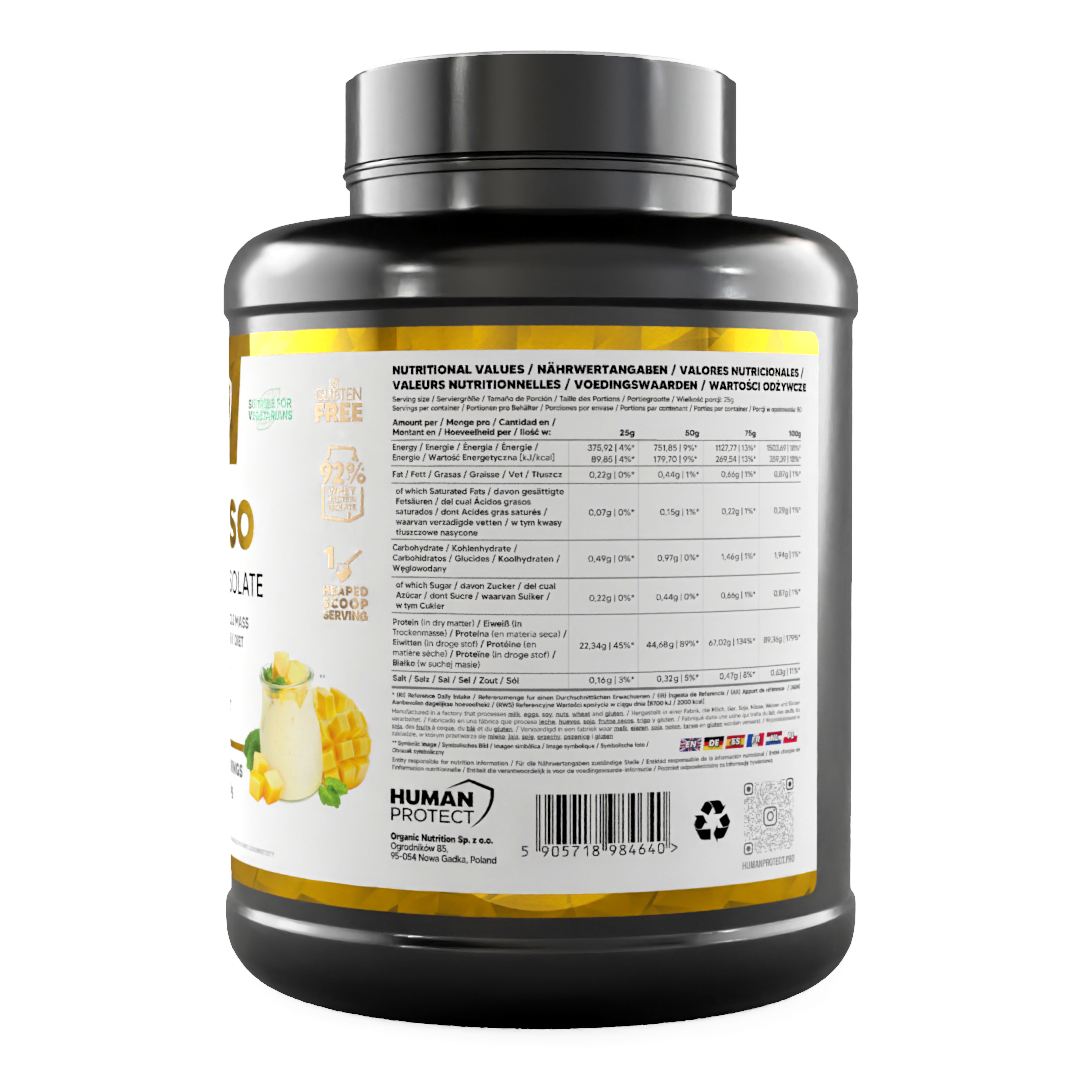Back label with nutritional values for Pure ISO whey protein isolate, mango yoghurt
