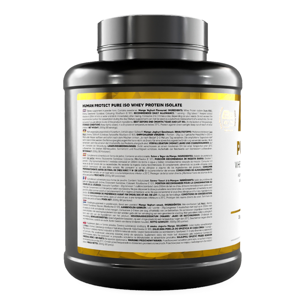 Back label with ingredient and usage text on Pure ISO whey protein isolate, mango yoghurt