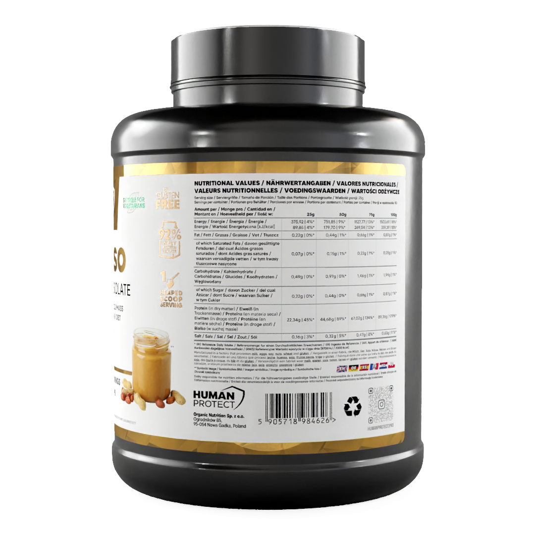 Pure ISO nutrition facts panel on 2000g peanut cream whey protein isolate tub