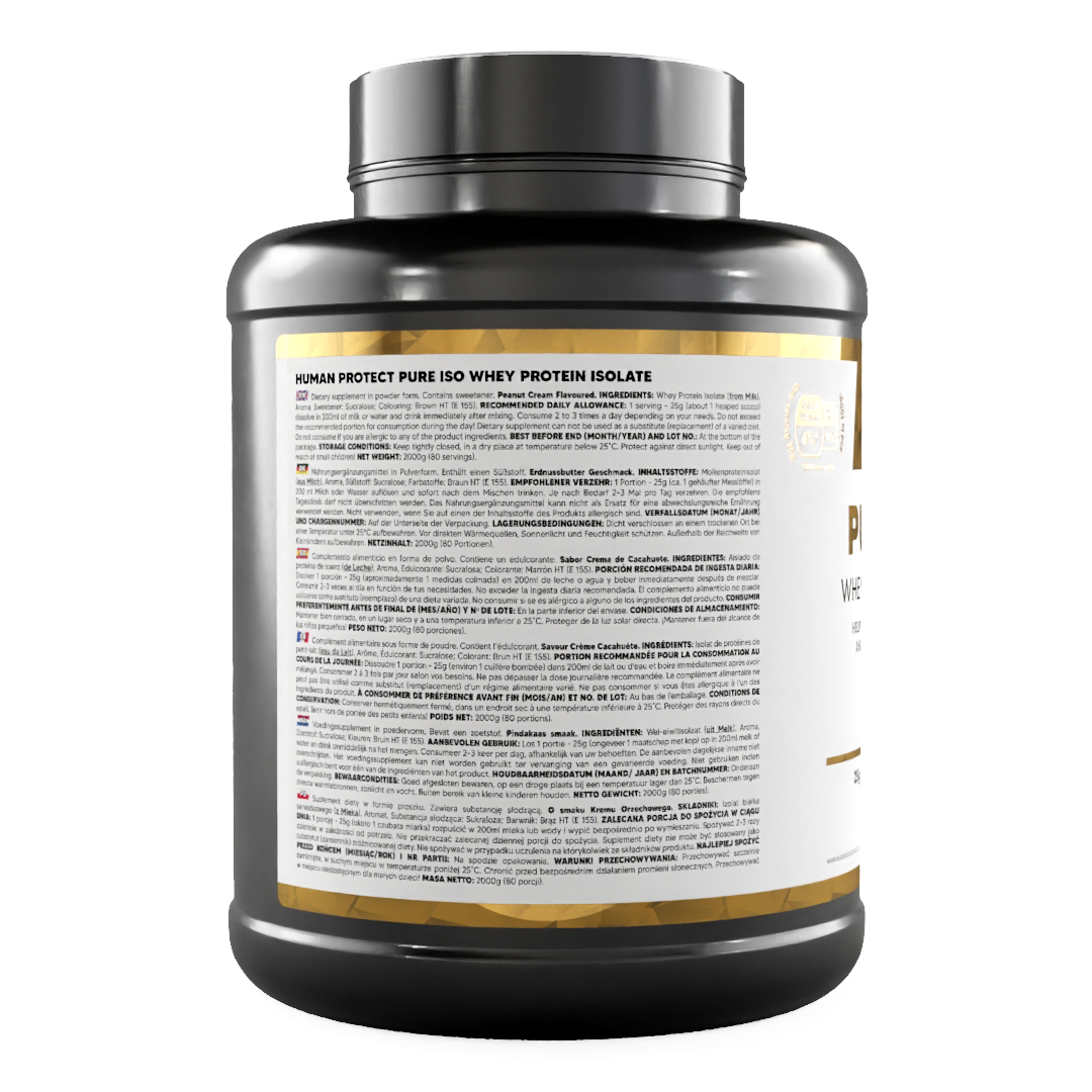 Pure ISO ingredients and directions on back of 2000g peanut cream whey protein tub