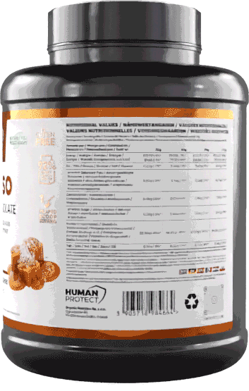 Pure ISO 2000 g Whey-Isolat „Salted Caramel“: Etikett-Detail auf Dose