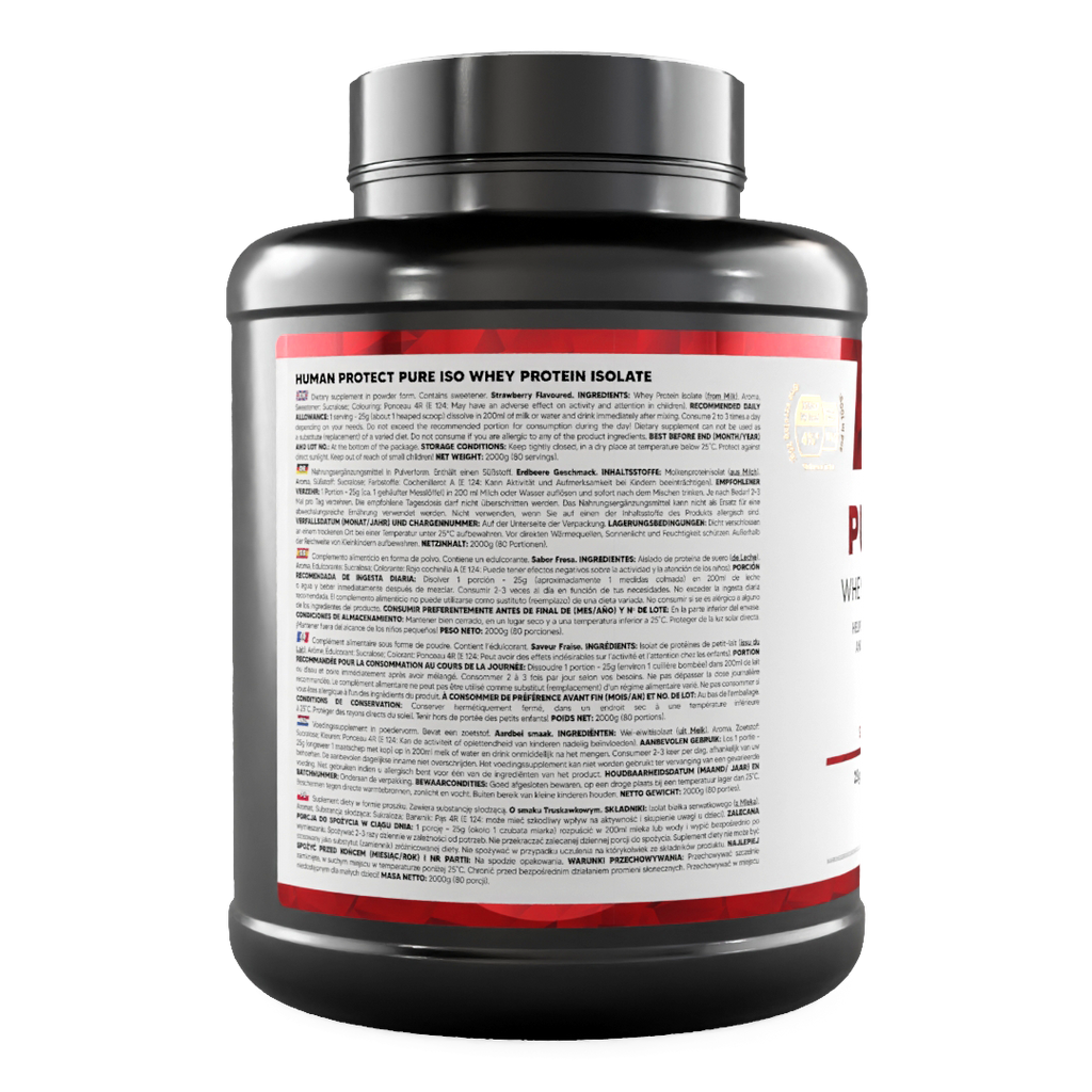 Pure ISO 2000 g Dose, Rückseitenetikett mit Zutatenliste und Hinweisen