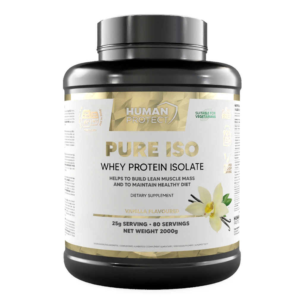Pure ISO whey protein isolate, vanilla flavour label on protein tub (2000g)