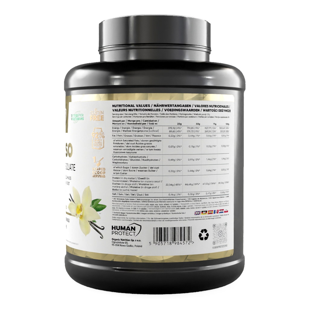 Pure ISO whey protein isolate tub, back nutrition panel with vanilla