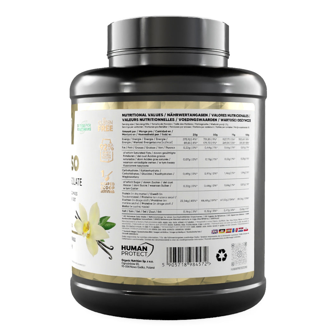 Pure ISO whey protein isolate tub, back nutrition panel with vanilla