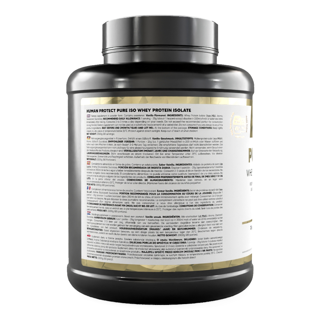 Pure ISO whey protein isolate tub, back ingredients text panel