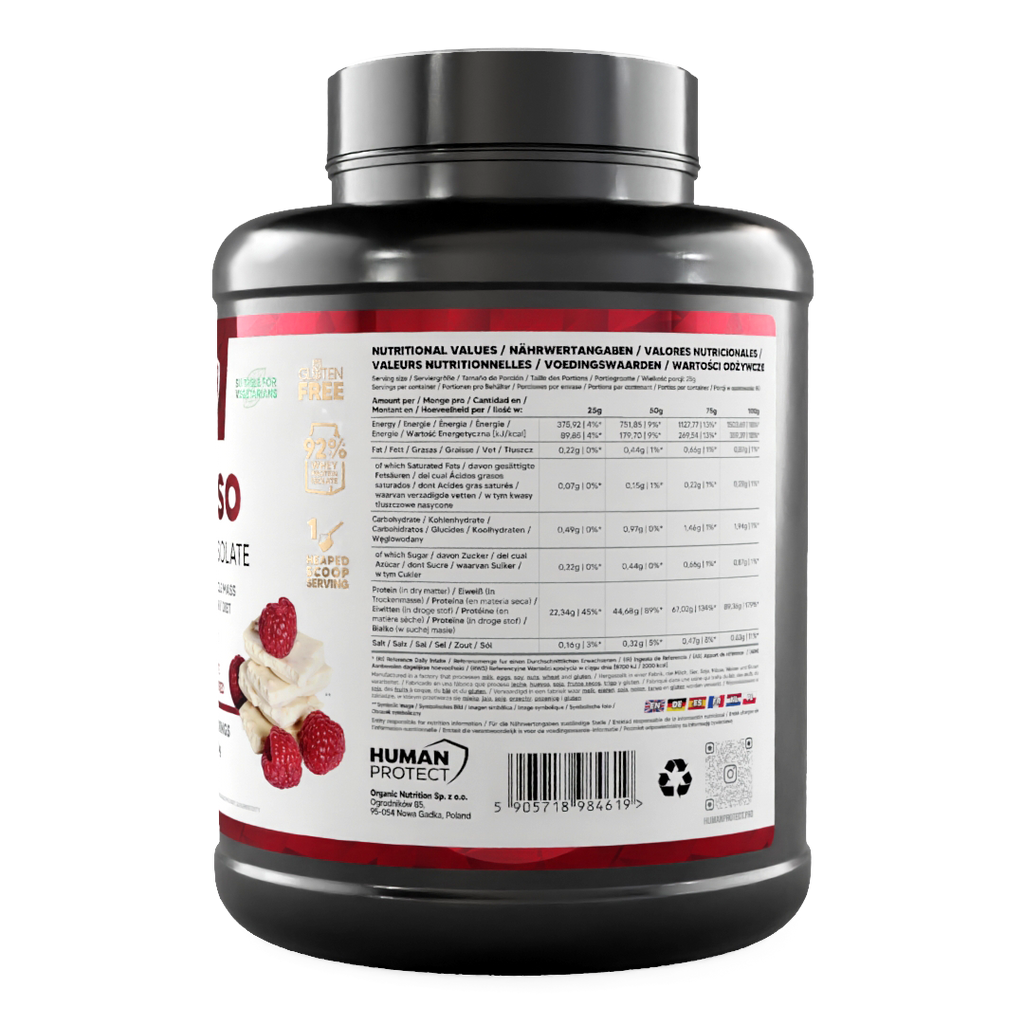 Pure ISO 2000g tub, nutrition facts panel on the back label