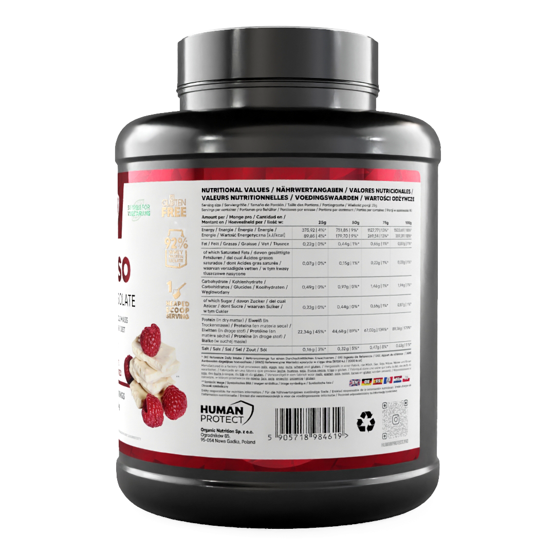 Pure ISO 2000g tub, nutrition facts panel on the back label