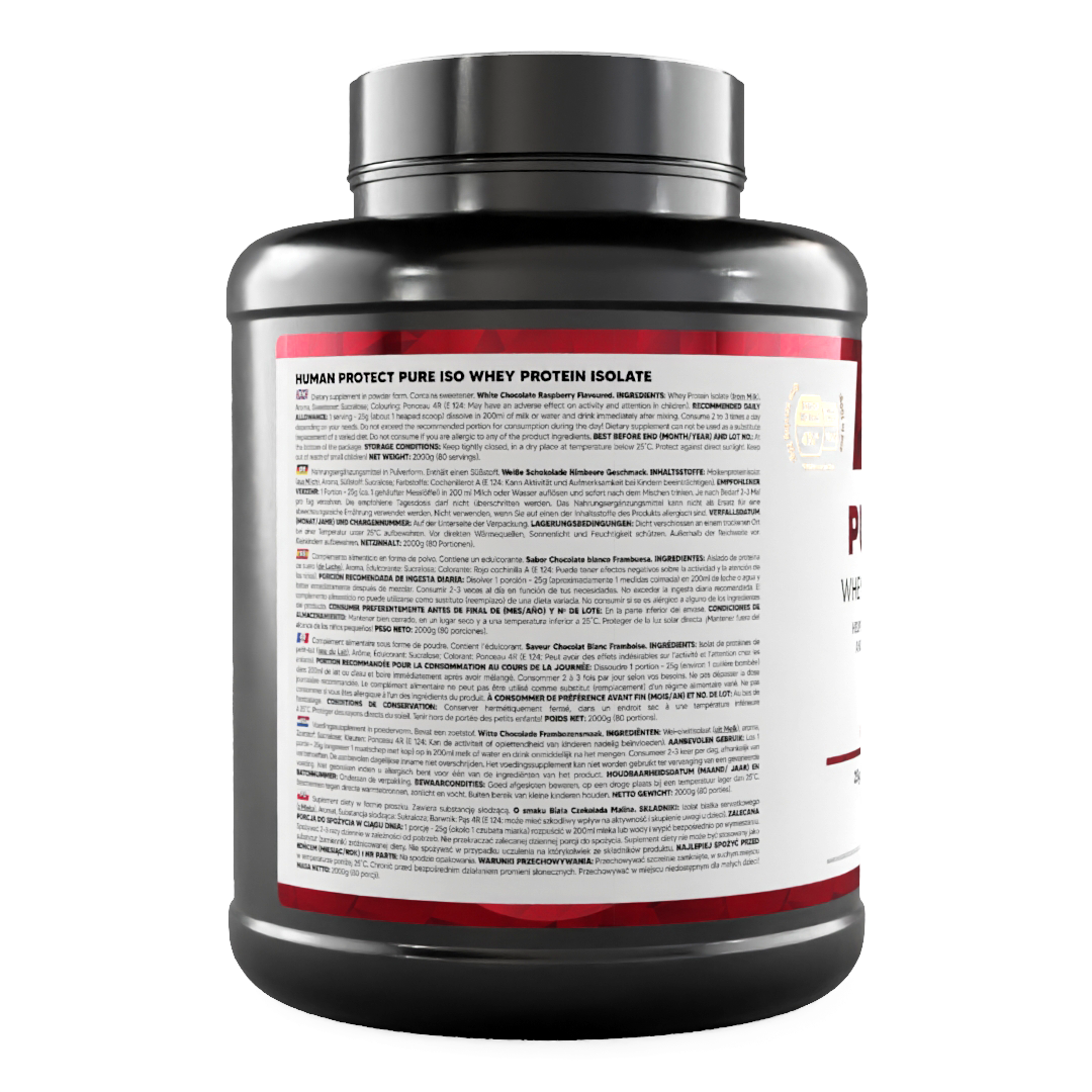 Pure ISO whey protein isolate tub, back label with ingredients information