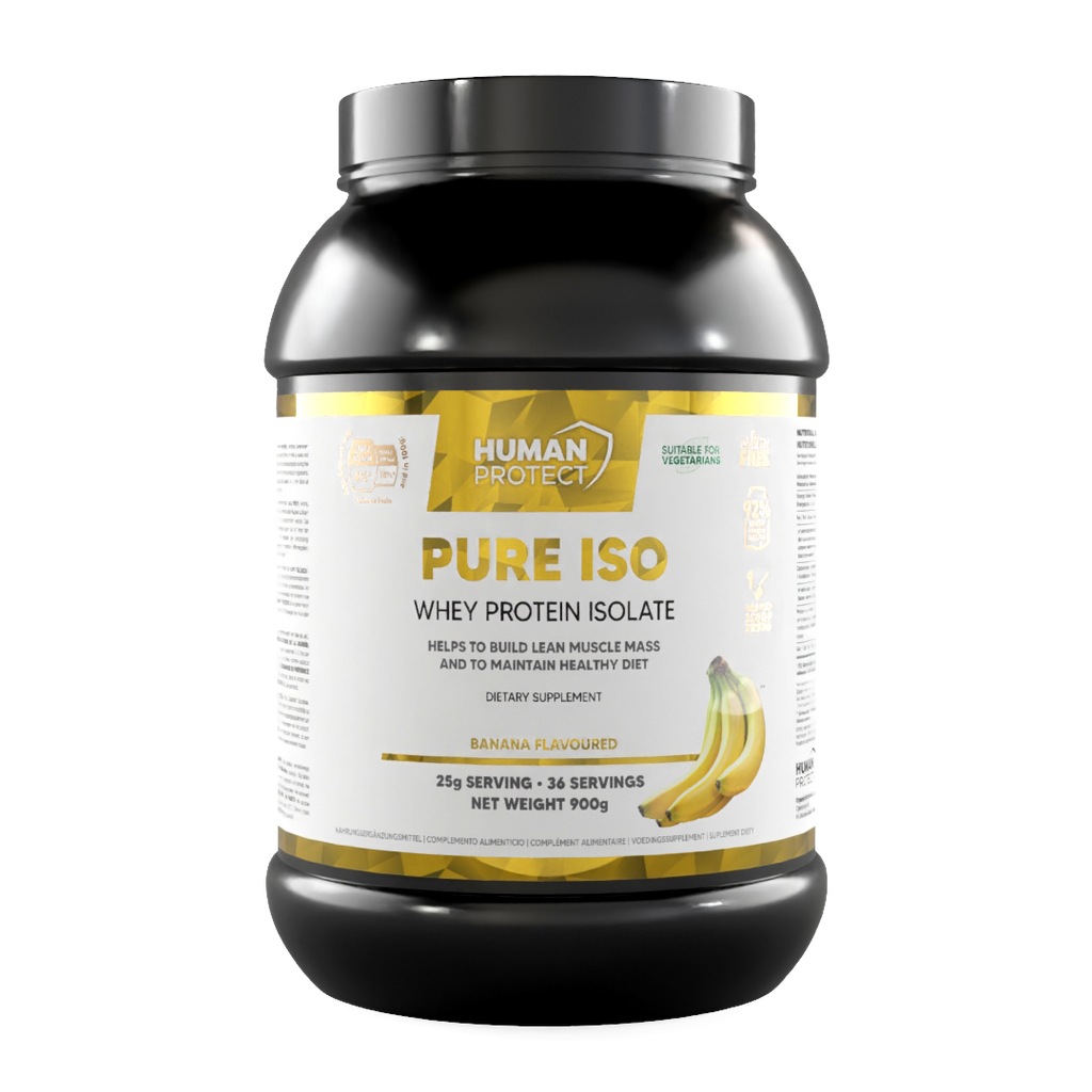 Pure Iso Whey Isolate, Banane: Frontetikett mit 900 g auf Dose