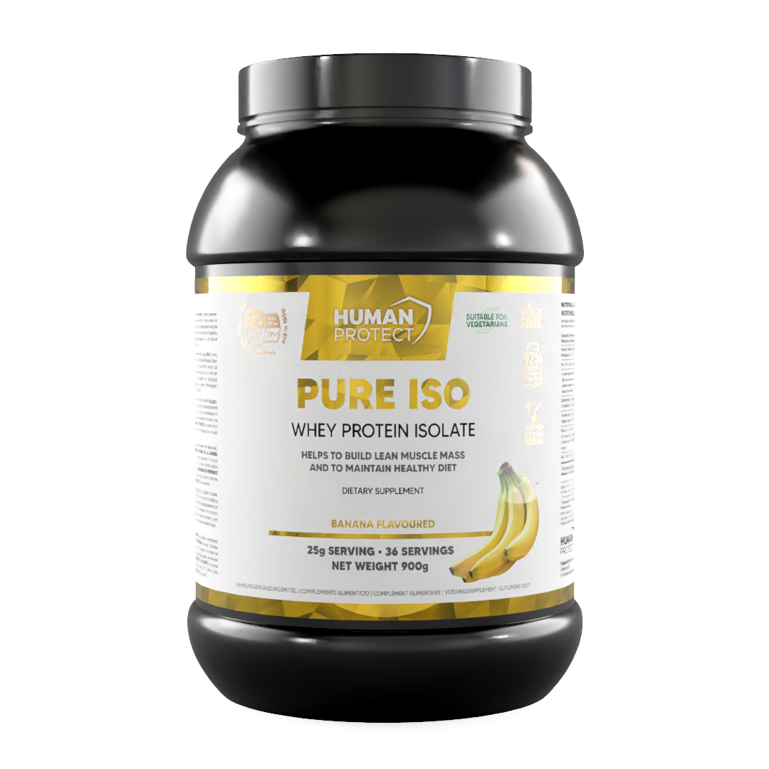 Pure Iso Whey Isolate, Banane: Frontetikett mit 900 g auf Dose