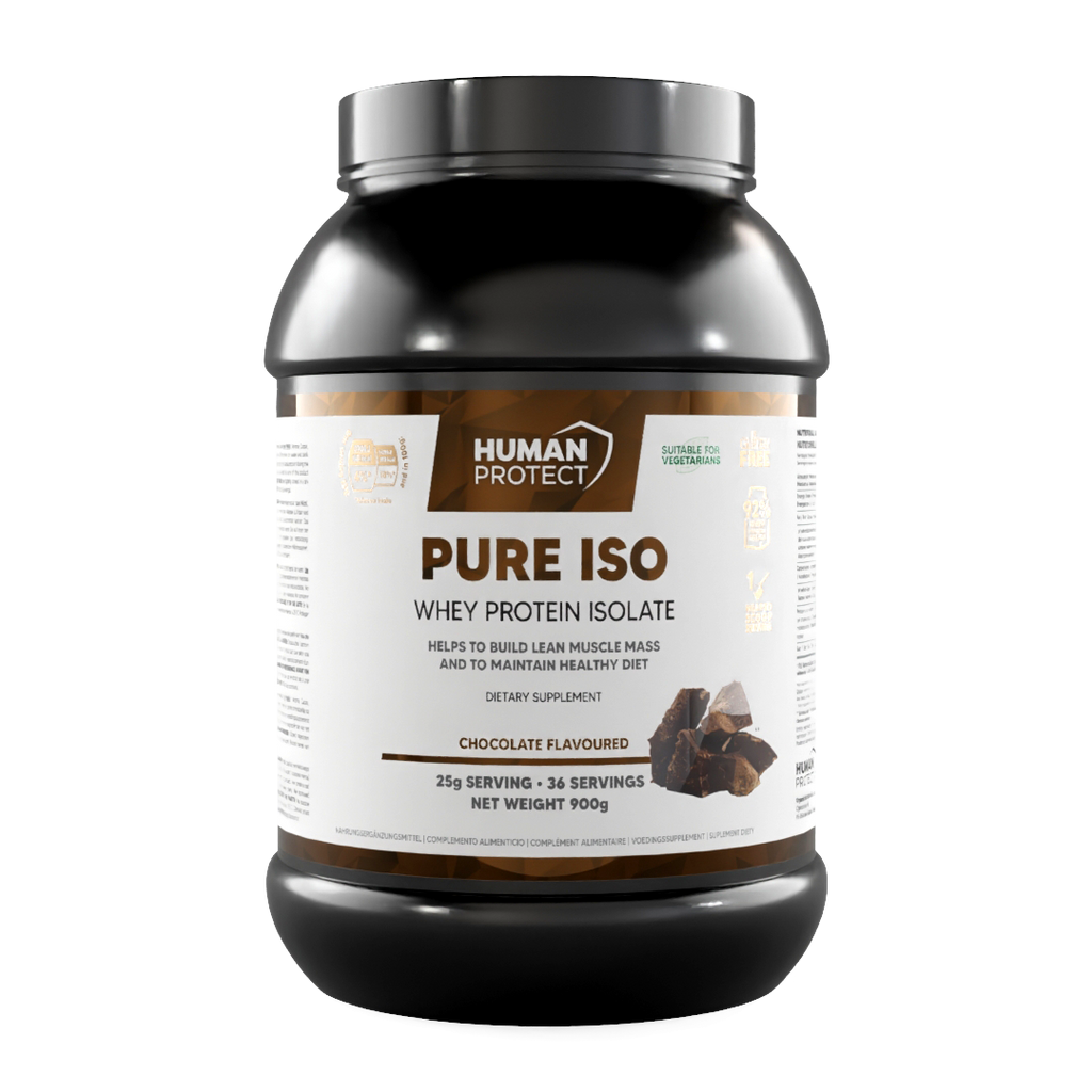 Pure Iso Whey Protein Isolat 900 g, Schokoladen-Flavor Dose mit Vorderetikett
