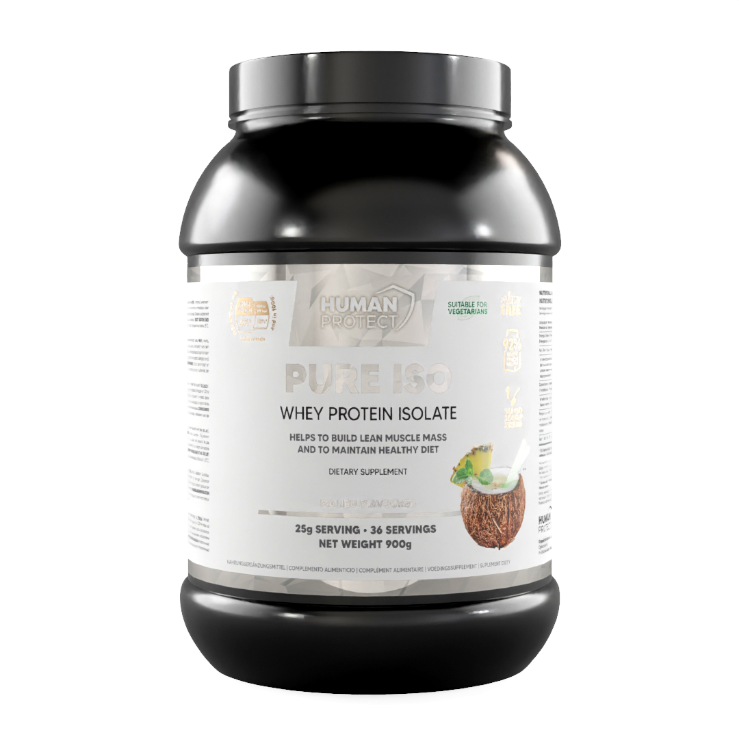 Human Protect Pure ISO Whey Protein Isolate Dose, Vorderseite mit Produktangaben