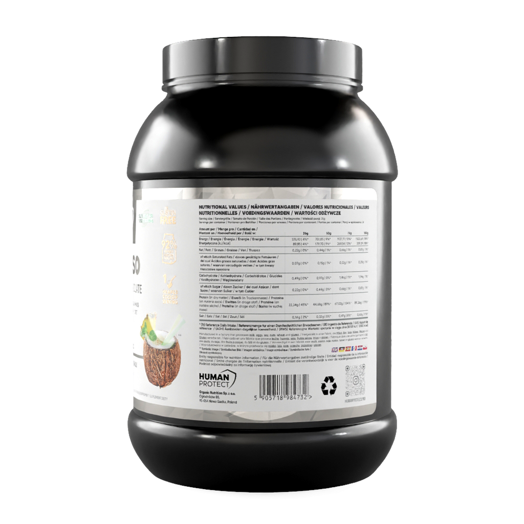 Pure ISO Dose mit Rückseitenetikett, Nährwerttabelle und Barcode/Recycle-Symbol