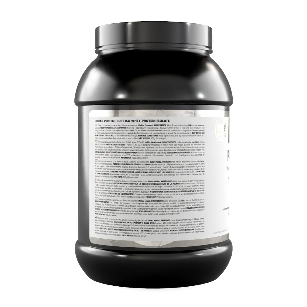 Whey Protein Isolate Dose, Rückansicht mit Inhaltsstoff- und Nährwertinformationen