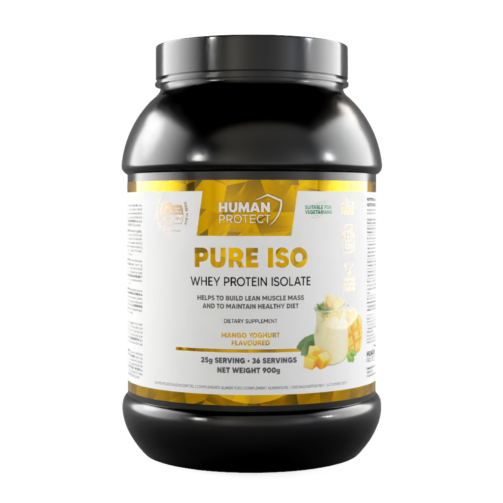 Pure ISO whey protein isolate jar, mango yogurt flavour, yellow front branding