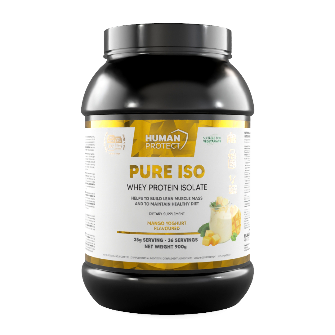 Pure ISO whey protein isolate jar, mango yogurt flavour, yellow front branding