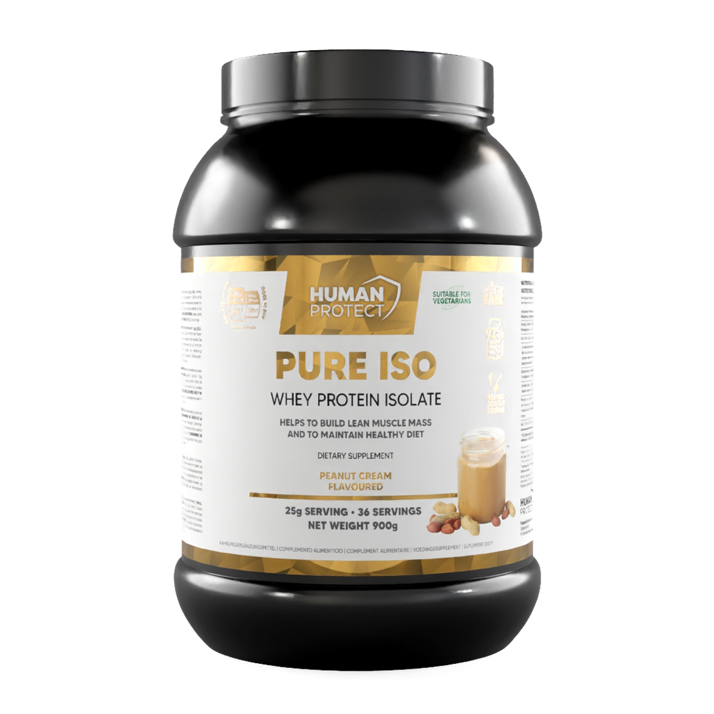 Pure Iso whey protein isolate, peanut cream, 900g jar front and serving info