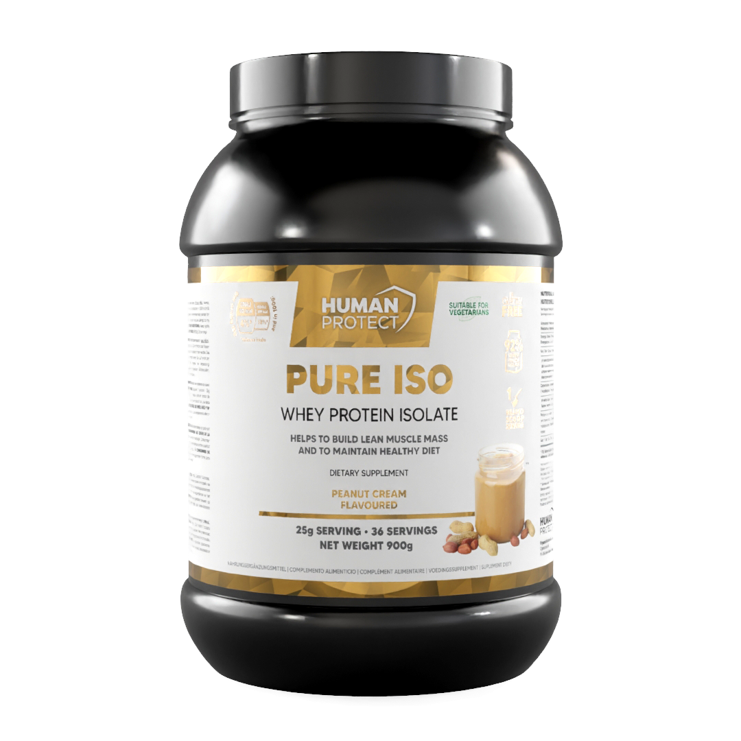 Pure Iso whey protein isolate, peanut cream, 900g jar front and serving info